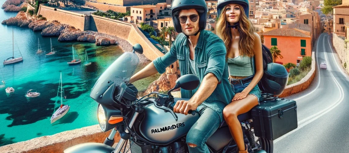 DALL·E 2024-06-07 11.05.41 - A high-quality image of two travelers, a man and a woman, exploring Palma de Mallorca on a motorcycle rented from PalmaRiders. The background shows th